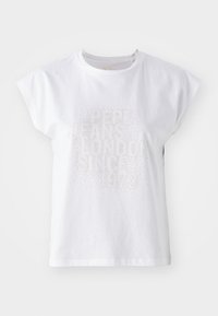 Hvid bomulds T-shirt med cap sleeves, med prægede bogstaver "PEPE JEANS LONDON SINCE 1973" i små, glitrende nitter over fronten.