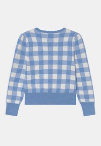 Pull à carreaux bleus et blancs, texture tricotée, poignets et ourlet côtelés, encolure ronde, manches longues, vu de dos.