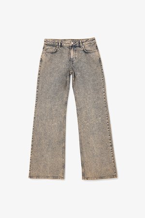 Jeans a gamba larga in denim con lavaggio beige chiaro usurato, caratterizzati da un classico stile a cinque tasche e cuciture in contrasto.