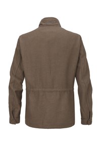 Braune Jacke mit Kragen, langen Ärmeln und knöpfbaren Manschetten. Aus strukturiertem Stoff gefertigt, mit einer Naht direkt über der Taille.