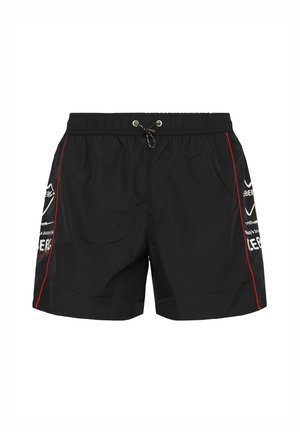 Zwarte heren zwemshorts met elastische tailleband, trekkoord aan de voorkant, rode zijbies en witte grafische logo's op de zijkanten.