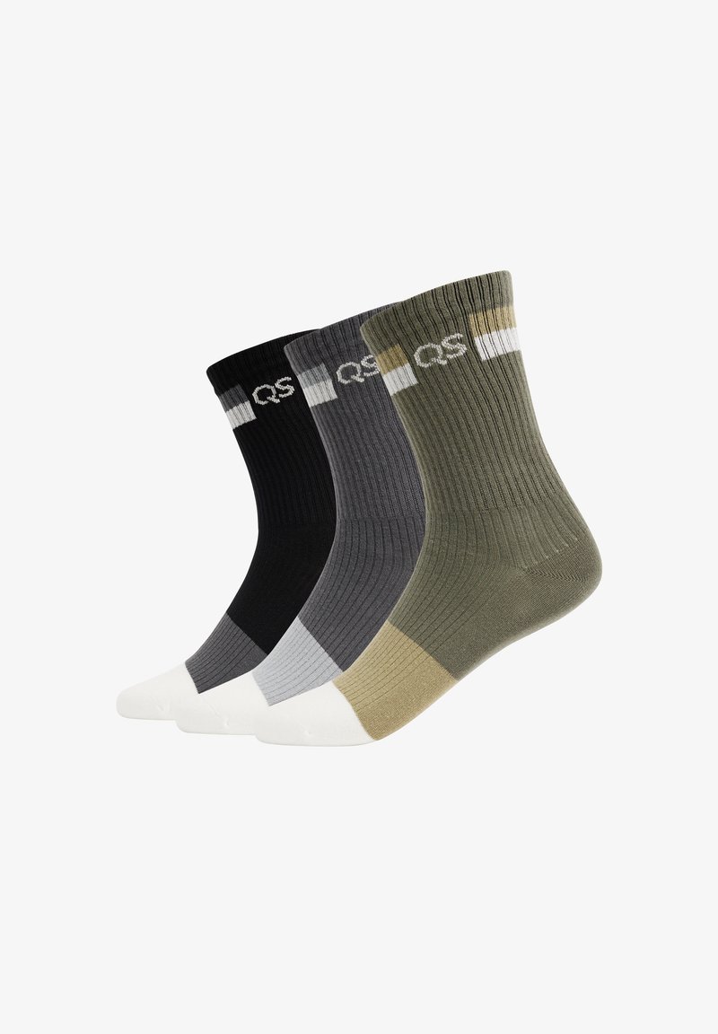 Vier Paare gerippte Socken in Schwarz, Dunkelgrau, Hellgrau und Olivgrün, mit kontrastierenden weißen und grauen gestreiften Akzenten am oberen Rand.