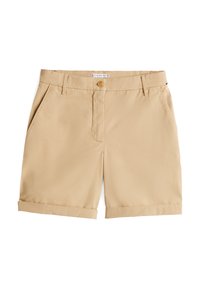 Khaki shorts van soepele stof; heeft een knoopsluiting, zijzakken en opgerolde zomen. Klassiek, op maat gemaakt ontwerp.