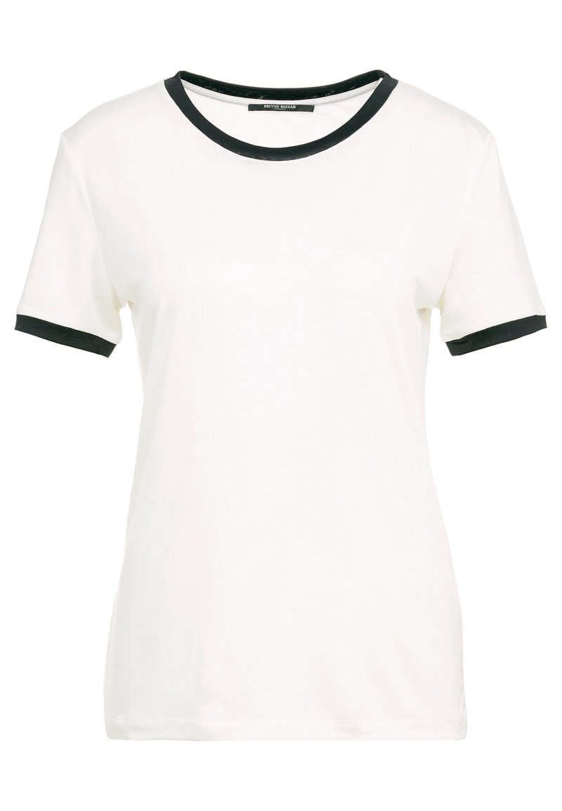 Vit t-shirt med korta ärmar, svart ribbad krage och ärmkanter. Mjuk bomullsmaterial, klassisk rundad halsdesign, avslappnad passform.
