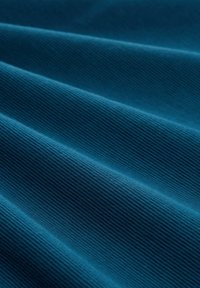 Tejido en color verde azulado con finas estrías texturizadas. El material es suave y crea suaves ondas, destacando su superficie lisa y su color intenso.