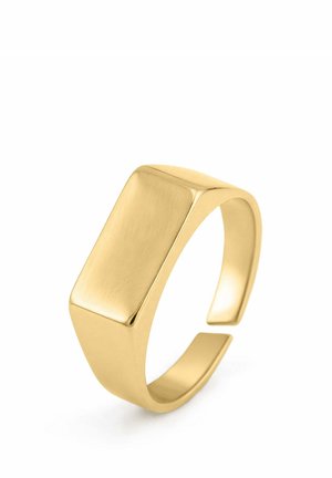 Goldfarbener offener rechteckiger Siegelring mit glatter, polierter Oberfläche und minimalistischem Design auf weißem Hintergrund.