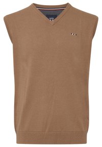 Beige ärmlös tröja med V-ringning, ribbad textur och subtil logotypdetalj. Har en ren, enkel design och mjukt tyg.