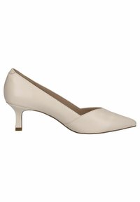Beige leather high heel pump with a pointed toe, low stacked heel, and a v-shaped cutout along the sides. Smooth texture, minimal stitching detail.