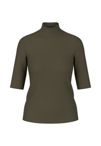Olive green turtleneck shirt with short sleeves, made from smooth fabric. Features a fitted design with a clean neckline and no embellishments.