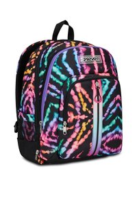 Zaino con un motivo tie-dye in colori vivaci su uno sfondo nero. Presenta due scomparti con zip e una tasca laterale in rete.