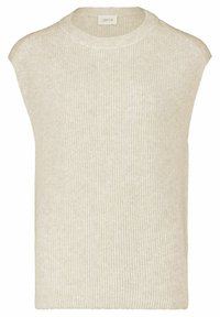 Gilet in maglia a coste senza maniche di colore beige con scollo rotondo, progettato per essere indossato in sovrapposizione.