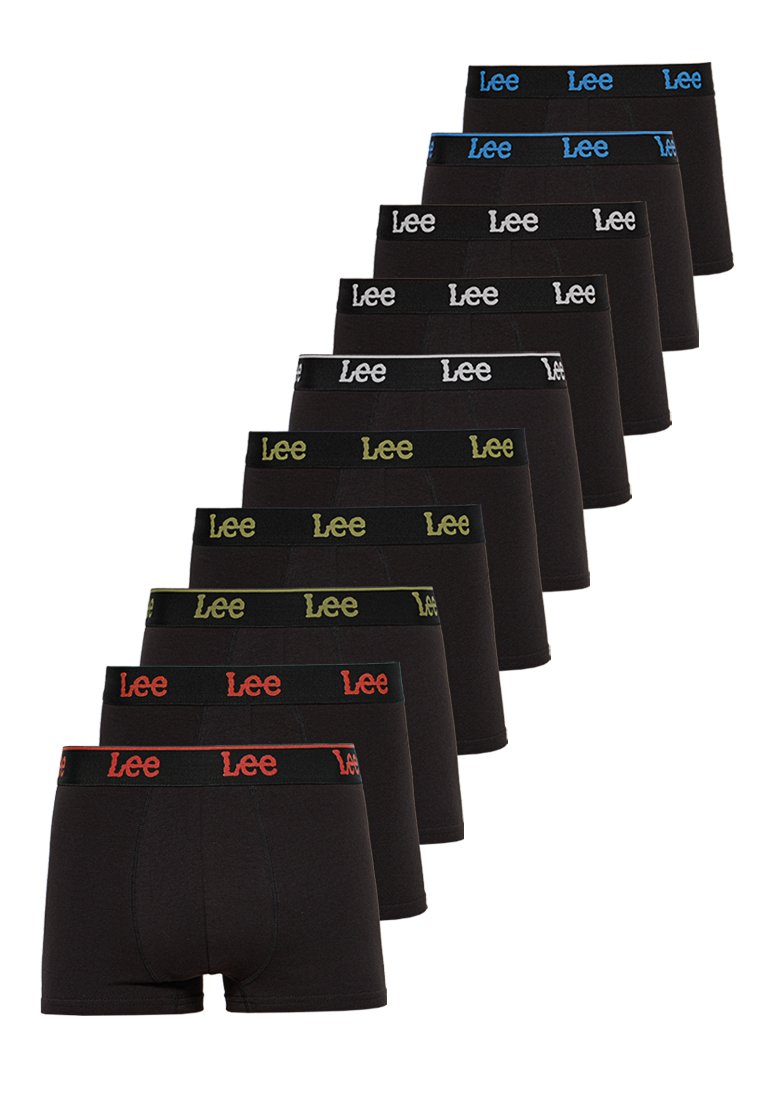 Boxers noirs avec des ceintures élastiques colorées. Les caractéristiques incluent des logos en bleu, vert, gris et rouge. Tissu doux et extensible, design minimaliste.