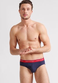Marineblaue Slips mit einem roten elastischen Taillenbund, der das Logo "TOMMY HILFIGER" trägt. Glattes Material, taillierte Passform und keine weiteren Muster.