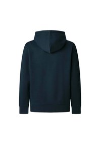 Sudadera con capucha en azul marino, textura suave, mangas largas, corte relajado, puños y dobladillo acanalados, sin logotipos ni patrones visibles.
