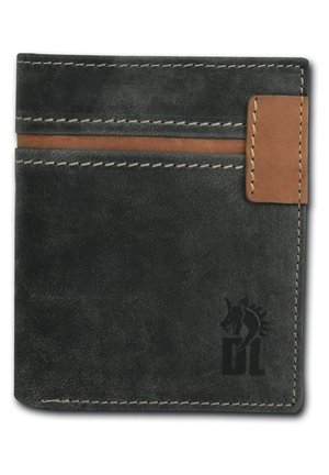 Gray leather wallet with brown accent and white stitching, featuring two card slots, and embossed logo design on the front.