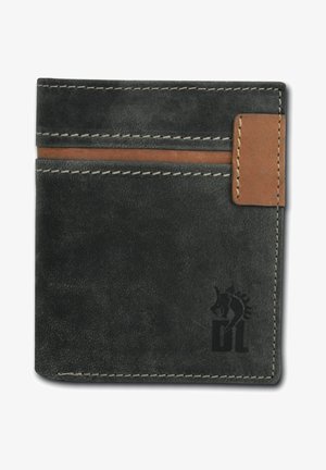 Portefeuille en cuir gris avec des accents marron et des coutures blanches, comportant deux emplacements pour cartes et un design de logo en relief sur le devant.