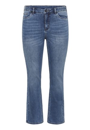 Blauwe denim flared jeans met een taillehoogte in het midden, vijf zakken en subtiele vervaging op de benen. Klassiek ontwerp met ritssluiting en knoopsluiting.