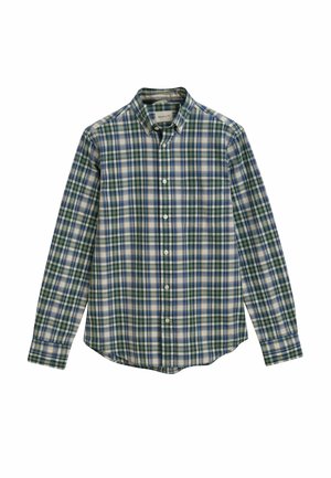 Langsleeve knoopshirt met een blauw, groen en wit ruitpatroon, een zak op de borst en een button-down kraag.