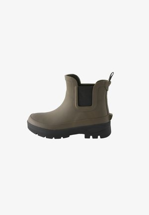 Brauner wasserdichter Knöchelstiefel mit strukturiertem Finish, elastischen Seitenpanels und einem schwarzen Akzent, ausgestattet mit einer dicken Gummisohle und Ziehschlaufe.