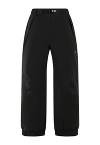 Zwarte, waterdichte skibroek met een elastische tailleband en een verstelbare riem. Bevat zijzakken en geribde manchetten voor comfort en pasvorm.