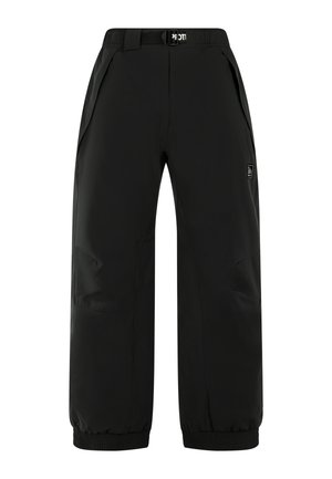 Zwarte, waterdichte skibroek met een elastische tailleband en een verstelbare riem. Bevat zijzakken en geribde manchetten voor comfort en pasvorm.