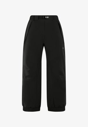 Pantaloni da sci neri, impermeabili, con cintura elastica e cinturino regolabile. Presenta tasche laterali e polsini a costine per comfort e vestibilità.