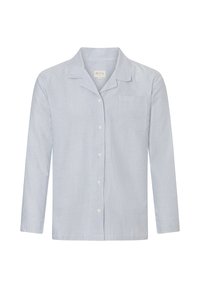 Chemise à manches longues rayée bleu clair et blanche, dotée d'un col classique, de boutons sur le devant et d'une poche poitrine unique. Texture de tissu douce.