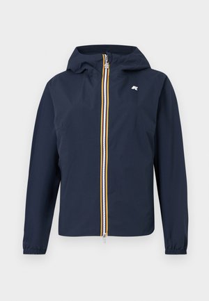 Jachetă bleumarin cu glugă și fermoar frontal complet, cu dungi galbene, albe și roșii, manșete elastice și un mic logo pe piept.