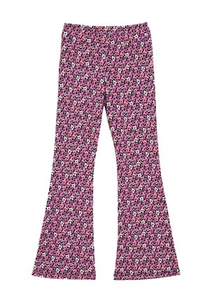 Pantaloni svasati in un tessuto elasticizzato, con una stampa floreale rosa impreziosita da piccole accenti bianchi e viola. Texture liscia e vita elasticizzata.