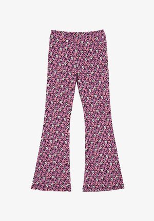 Spodnie w dzwony wykonane z elastycznego materiału, z różowym kwiatowym nadrukiem i drobnymi białymi oraz fioletowymi akcentami. Gładka faktura i elastyczny pas.
