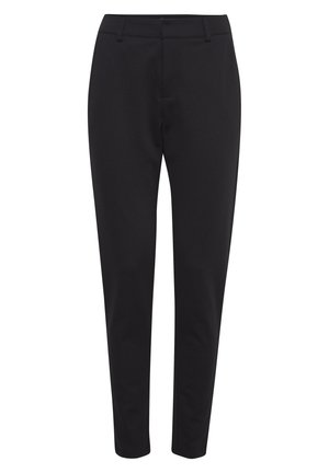 Černé kalhoty na míru s hladkým materiálem, slim fit, plochým předním dílem a poutek na opasek. Mají čistý design bez viditelných vzorů nebo akcentů.
