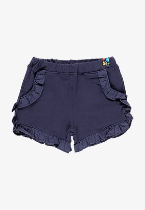 Navyblå småbørnsshorts med elastisk talje og flæser langs lommer og benåbninger, med et lille farverigt mærke i taljen.