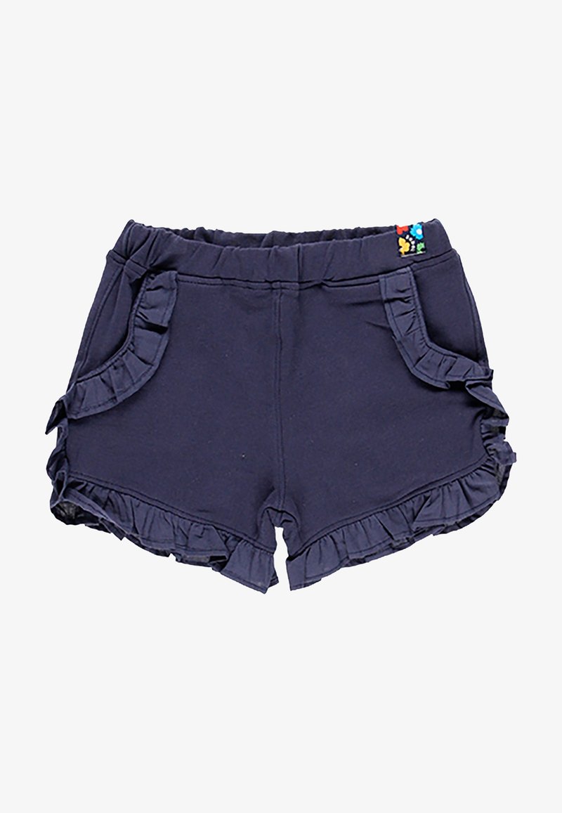 Short bleu marine pour tout-petits avec taille élastique et bords froncés le long des poches et des ouvertures des jambes, avec une petite étiquette colorée à la taille.
