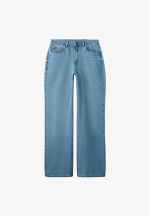 Vaqueros de pierna ancha en azul claro, hechos de denim, con una cintura estándar, bolsillos delanteros y acabados limpios con un desgastado mínimo.