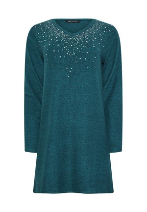 Abito lungo a maniche lunghe di colore turchese con scollatura a V, caratterizzato da una gradazione di decorazioni di strass argentati e neri lungo il collo.