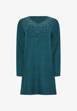 Abito lungo a maniche lunghe di colore turchese con scollatura a V, caratterizzato da una gradazione di decorazioni di strass argentati e neri lungo il collo.