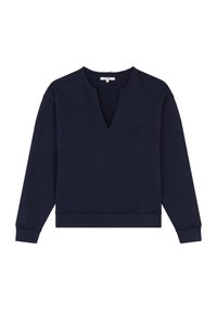 Marineblauwe sweatshirt met een V-hals, lange mouwen en geribde boorden. Heeft een geborduurd "SCP" detail aan de voorkant. Glad textuur.