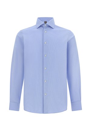 Lichtblauw overhemd met lange mouwen, een spread collar en een klein ruitpatroon. Voorzien van witte knopen en een soepele textuur.
