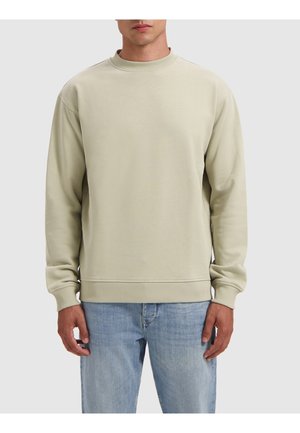 Lichtgroene sweatshirt met ronde hals, ribgebreide manchetten en onderkant, gemaakt van zachte stof. Draagt een lichtblauwe spijkerbroek. Eenvoudig ontwerp, geen patronen.