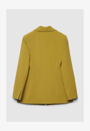 Mustard yellow blazer with a tailored design, notched collar, and structured shoulders, featuring a smooth texture and clean lines.