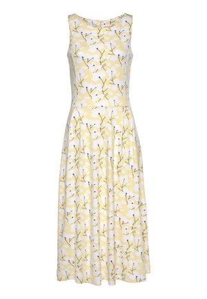 Ärmelloses, knielanges gelbes Kleid mit weißem Blumenmuster und schwarzen, astähnlichen Details, mit einem taillierten Oberteil und einem ausgestellten Rock.