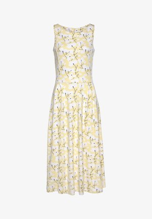 Sleeveless, knee-length yellow dress with white floral pattern and black branch-like details, featuring a fitted bodice and flared skirt.