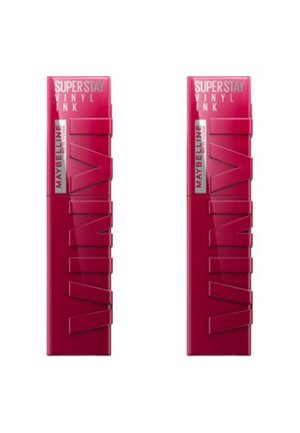 Emballage de Maybelline SuperStay Vinyl Ink en rose vif. Présente un design angulaire, une écriture en relief et une finition brillante. Deux tubes identiques exposés.