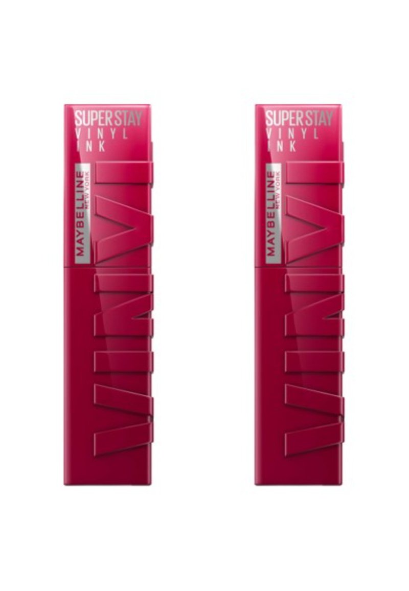 Emballage de Maybelline SuperStay Vinyl Ink en rose vif. Présente un design angulaire, une écriture en relief et une finition brillante. Deux tubes identiques exposés.