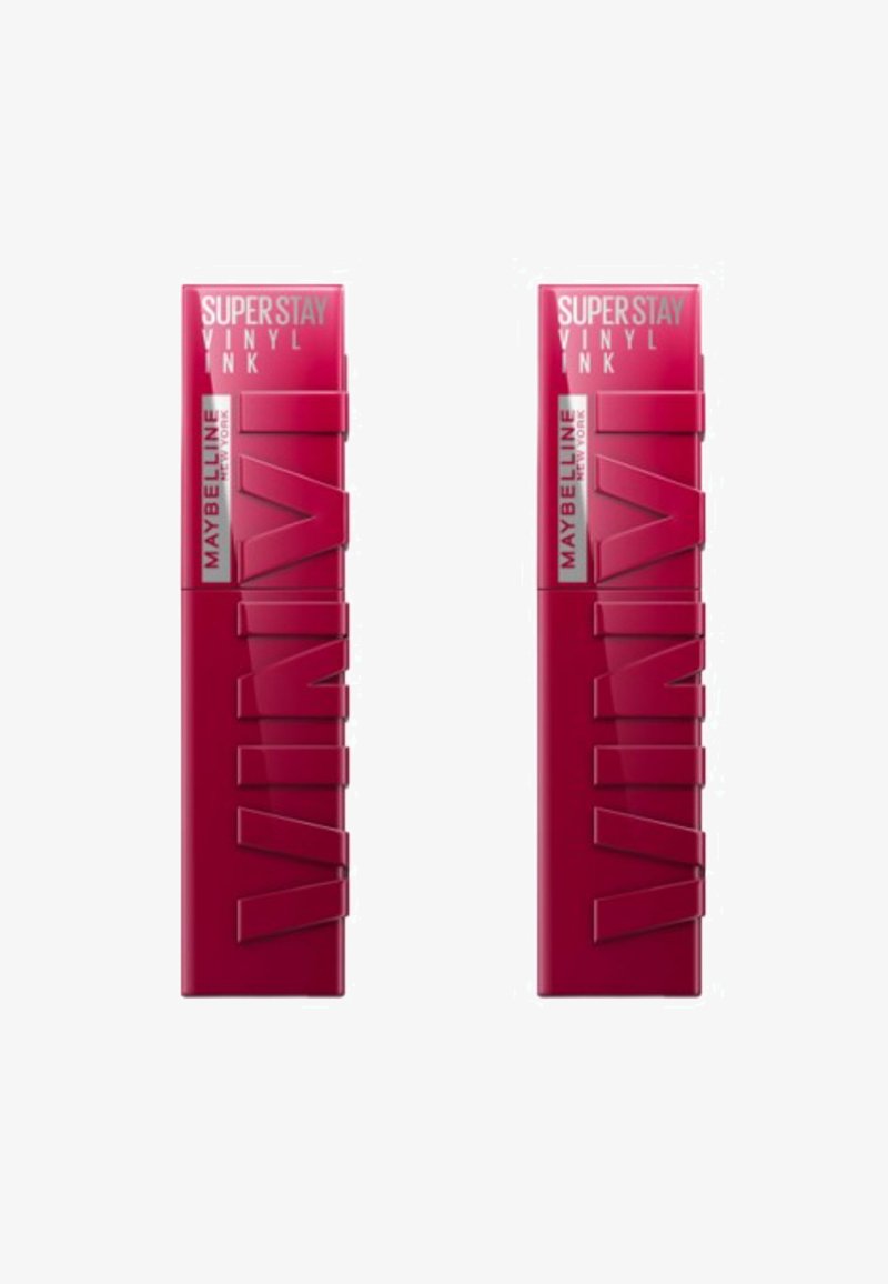 Emballage de Maybelline SuperStay Vinyl Ink en rose vif. Présente un design angulaire, une écriture en relief et une finition brillante. Deux tubes identiques exposés.