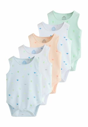 Zes mouwloze babyrompertjes in pastelkleuren met kleine dieren- en plantenprints, gerangschikt in een verspringende verticale stapel.