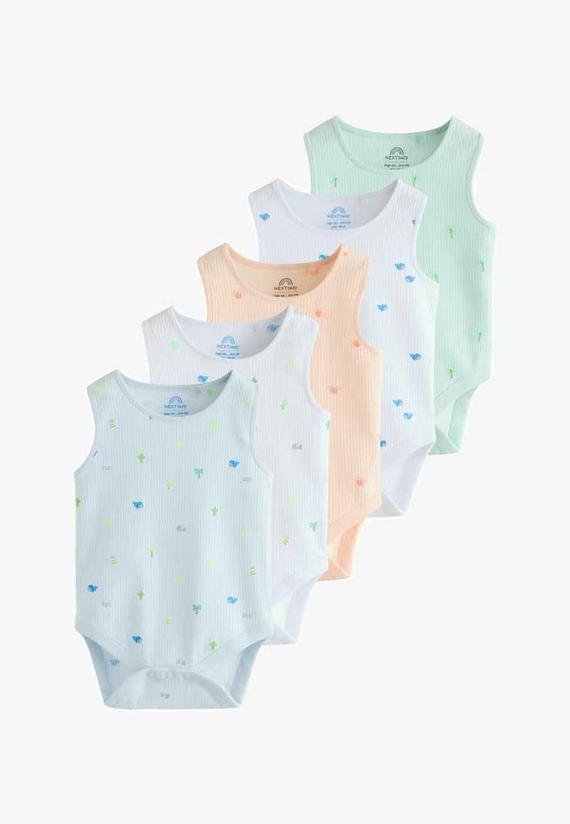Six bodies pour bébé sans manches dans des tons pastel avec de petits motifs d'animaux et de plantes, disposés en pile verticale décalée.