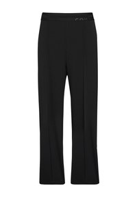 Pantaloni neri realizzati in un materiale elasticizzato, caratterizzati da una cintura liscia con logo, design a gamba dritta e senza motivi o accenti visibili.