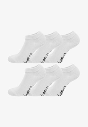 Weiße Knöchelsocken aus weichem Material mit einem gerippten Bündchen und einem gedruckten Logo an der Seite. Sechs Paar angeordnet in zwei Reihen.