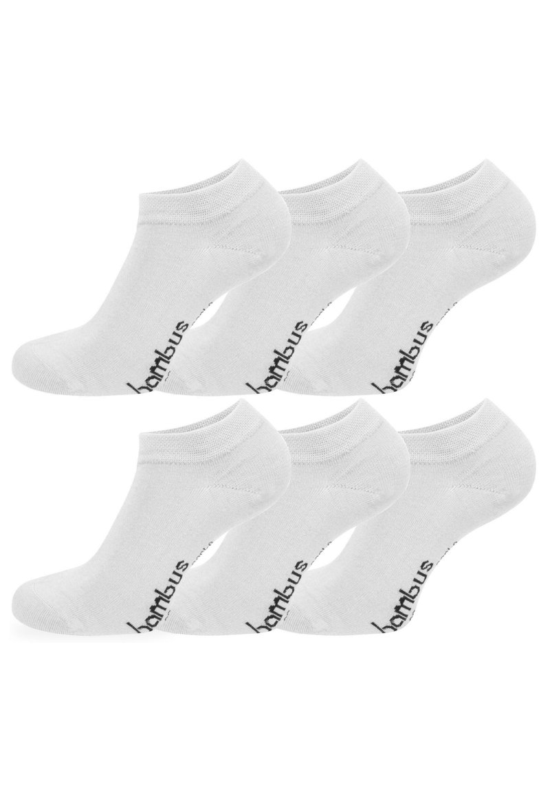 Weiße Knöchelsocken aus weichem Material mit einem gerippten Bündchen und einem gedruckten Logo an der Seite. Sechs Paar angeordnet in zwei Reihen.